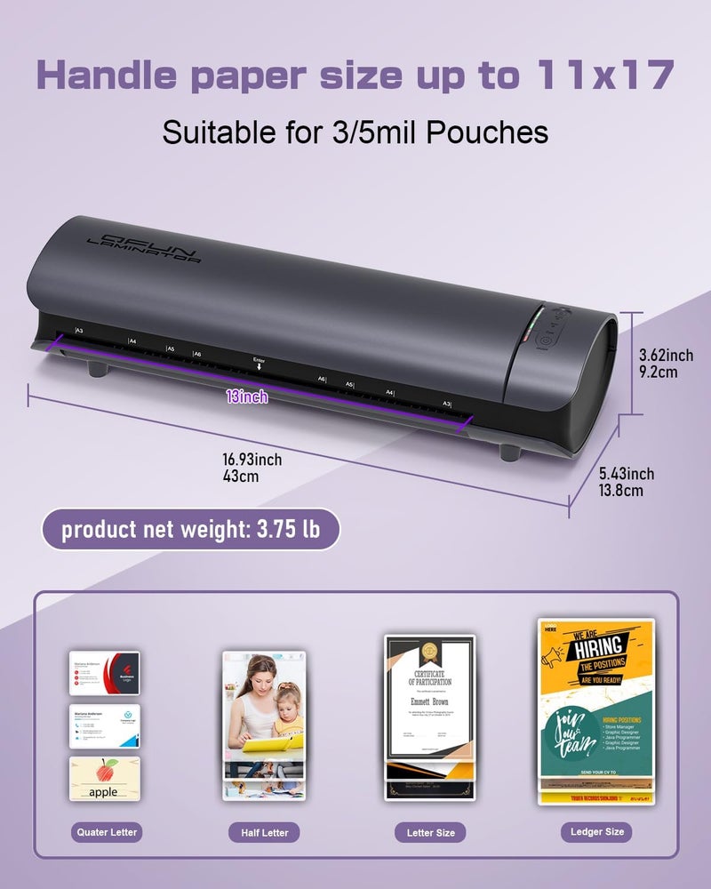 Qfun Office Presentation Laminator Machine 11x17 with Laminating Sheet A3/A4/A5, 3/5 Mil Thermal Cold Laminating Machine 13 inch Wide, 60s Warm-Up Office Presentation Laminator Machine (Gray) - Image 4